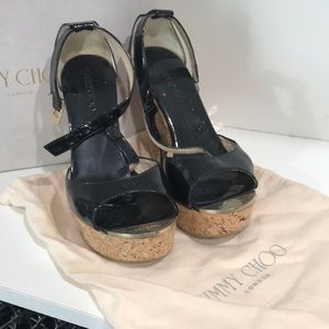Jimmy Choo black patent cork heel espadrilles